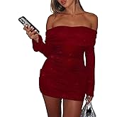 evonvola Women Sexy Off Shoulder Bodycon Ruched Mini Dress Mesh Sheer Sparkly Flared Long Sleeve Y2K Dress Date Night Dresses