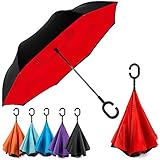 EEZ-Y Reverse Inverted Windproof Umbrella - Upside Down Umbrellas with C-Shaped Handle for Women and Men - Double Layer Inside Out Folding Umbrella