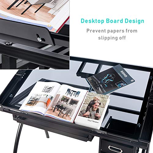 BAHOM Adjustable Drafting Table Glass Top, Art Drawing Craft Desk with 2 Drawers, Perfect for Artwork and Design, Black - Thumbnail 4
