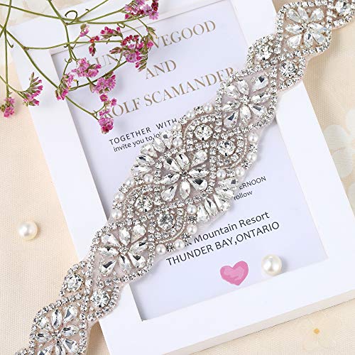 Crystal Applique with Champagne Back Adhesive, FANGZHIDI Beaded Applique with Silver Rhinestone Claw- Best for DIY on Wedding Dress, Bridal Belt Sash - Thumbnail 2