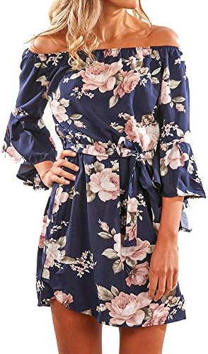 OSNIC Women Summer Off Shoulder Dress Strapless Floral Print Dresses Lace Up Waist Casual Sexy Beach Dress-Only sold by DIOSA