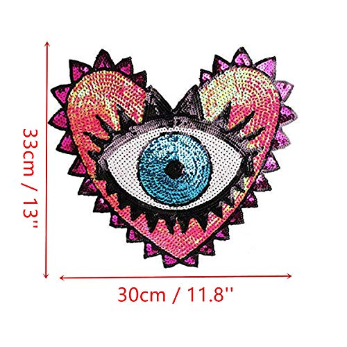 MIAO JIN 6 Pcs Love Shape Large Sequin Heart Evil Eyes Motif Applique Patch Embroidery for Garment Accessory (3 Colors)