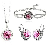 MAFMO White Platinum Plated Crystal Round Shaped Necklace Bracelet Earrings Set Women Fashion Jewelry (Pink)