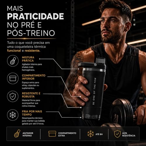 Coqueteleira Térmica ELLYM NUTRITION 600ml Com Compartimento Whey Inox Academia Profissional Shaker (Preto)