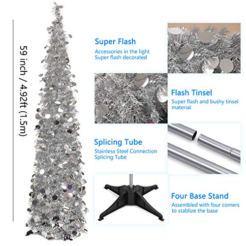 HOHOTIME Sapin Noel Décoration, Tinsel de Noël de Sapin Pliable de 1,5 m, Arbre de Noël Sapin de Noël Décoration Scintillantes Maison Intérieur Extérieur