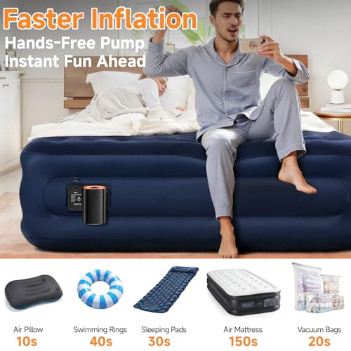 Electric Air Pump, 4000 mAh Battery Air Pump with LED Lighting/Hanging Hook/4 Air Nozzles, 5 kPa, 360 l/min for Air Mattress/Sleeping Mat/Inflatable Sofa/Paddling Pool/Pool/Vacuum Bag/Camping