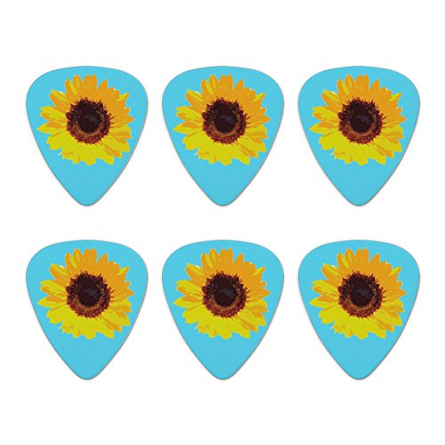 Sunflower Drawing on Blue Background Novelty Guitar Picks Medium Gauge - Set of 6