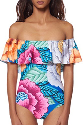 Dellytop Women's Beach Vintage Two Pieces Off Shoulder Ruffle Bathsuit Swimwear Bikini