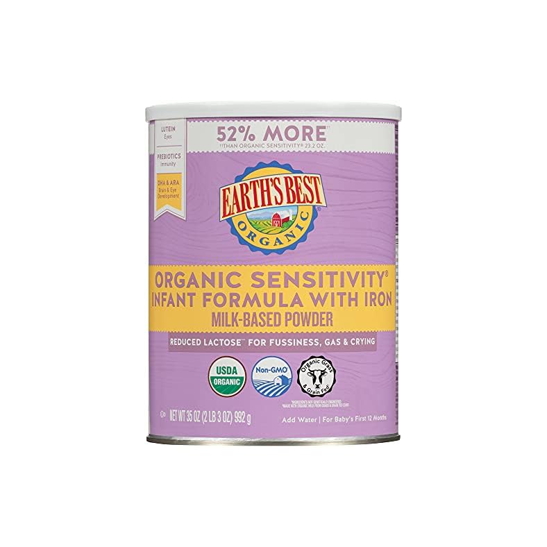 Earth’s Best Organic Sensitive Baby Formula for Babies 0-12 Months, Reduced Lactose Powdered Infant Formula with Iron…