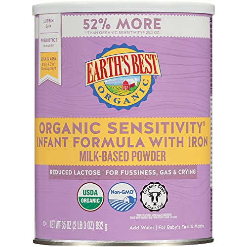 Earth’s Best Organic Sensitive Baby Formula for Babies 0-12 Months, Reduced Lactose Powdered Infant Formula with Iron…