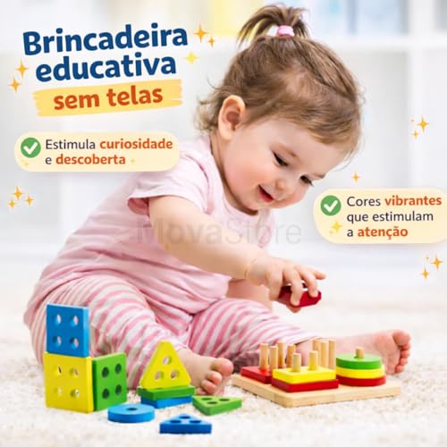 Brinquedo Educativo Montessori de Madeira Pedagógico Sensorial Formas Geométricas Didáticas Multicoloridas Encaixe Infantil e Cores Empilháveis