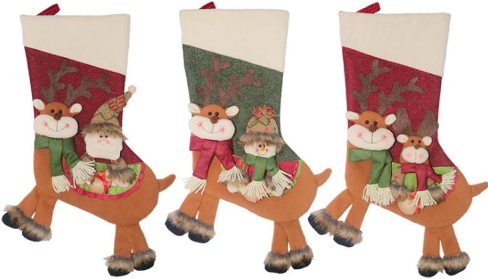 ROMANTICNGT Christmas Stockings Set of 3 Santa Claus Reindeer and Snowman Candy Pocket Large Size Vintage Handcrafted Christmas Stocking Gift Christmas Decorations