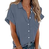 Beautife Womens Short Sleeve Shirts V Neck Collared Button Down Shirt Tops with Pockets