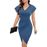 Machico 2026 Women's Sexy V Neck Ruffle Sleeve Faux Wrap Ruched Bodycon Sheath Cocktail Party Work Dress
