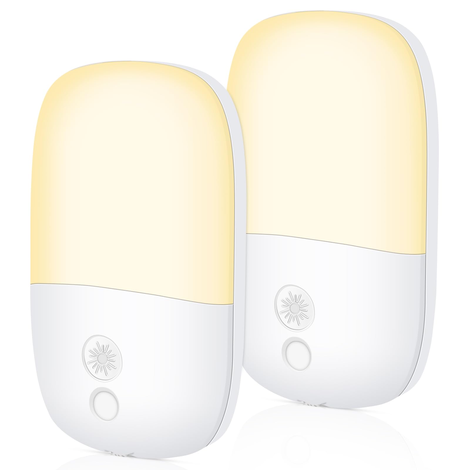 HOTUT Night Light Plug in Wall, with Dusk to Dawn Photocell Sensor, 3000K Warm White, Brightness Adjustable, ON/Off/AUTO Modes, LED Night Light for Kids, Bedroom, Hallway, Stairs, Garage, 2 Pack