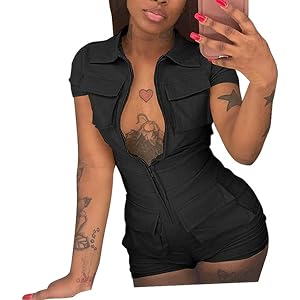 Cargo Jumpsuit for Women Short Sleeve Zip Collar Pocket Romper Streetwear | Zip up Jumpsuits for Women Summer Lapel Collar Sh