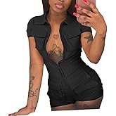 NSHYPOI Women Sexy Zip up Jumpsuits Lapel Neck Short Sleeve Bodycon Shorts Romper with Pockets