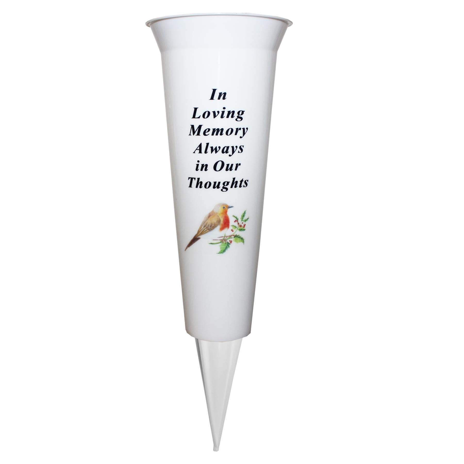 Memorial Grave Flower Pot - 33cm tall Sturdy White Memorial Graveside Flower Vase with Spike and Robin Image (In Loving Memory)