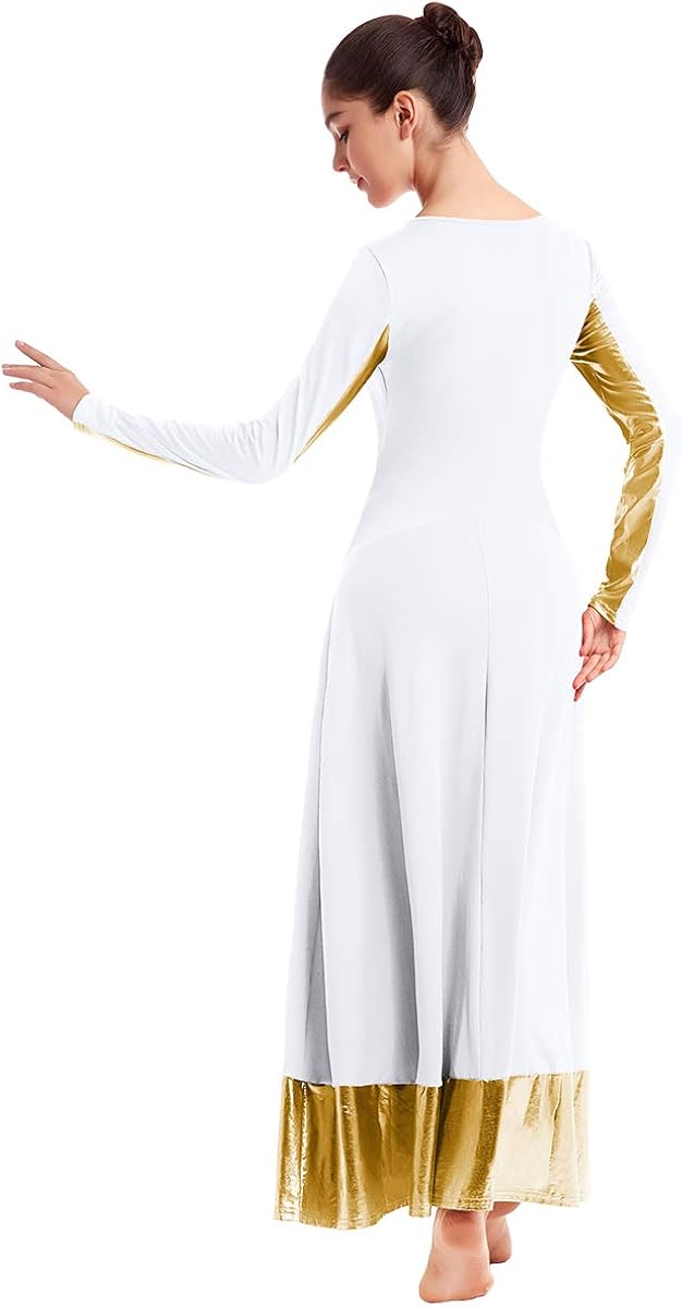 Metallic Gold Color Block Praise Liturgical Lyrical Dancewear for Womens Cross Dance Loose Full Dress Long Sleeve Costume: Clothing