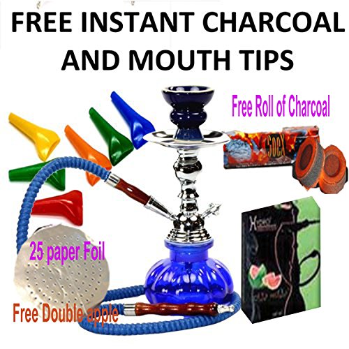 Hookah,1 Hose,Water Shisha Bong Glass Smoking,MELON FLAVOR + 25 FOIL PAPER AND FREE CHARCOAL AND MOUTH TIPS (Blue)