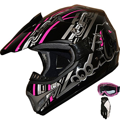 ATV Motocross Off Road Helmet Combo A28 black/pink+gloves+goggles (M)