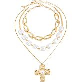 CRUSH CR Chunky Gold Necklace for Women, Layered Cross Pendant Pearl Necklace, Stacked Thick Gold Jewelry, Geometric Square Oval Chain, Big Gold Pendant Fashion Accessories