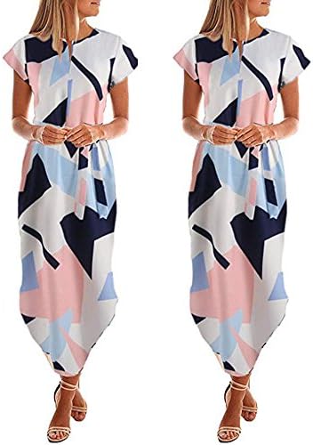 Pervobs Dress Big Promotion! Women Casual Short Sleeve V Neck Strappy Geometric Pattern Maxi Dress with Belt