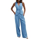 Cicy Bell Womens 2 Piece Outfits V Neck Tie Waist Blazer Vest and Wide Leg Business Casual Suit Pants Sets