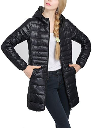 Wancy Women's Lightweight Puffer Coat Packable Long Hooded Down Jacket Outwear Plus Size Black 2X-Large