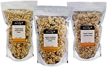Grandma Emily Organic Granola Cereal Mixpack. (Made in CANADA) 6 x 11.64 oz. (330g) Bags in 3 Delicious Flavours. Organic Cranberry Almond/Organic Maple Quinoa/Organic Original. 100% Canadian Oats