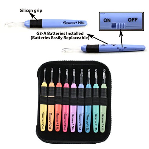 Lighted Crochet Hooks Set With Case Light Up Knitting Needles - Ergonomic Needles for Arthritic Hands - Set of 9 Pcs (Black)