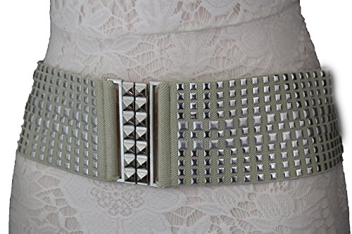 TFJ Women Elastic Fashion Belt Hip High Waist Silver Stud Metal Buckle S Cream Ivory