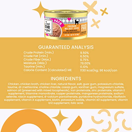 I AND LOVE AND YOU WET CAT FOOD – CHICKEN ME OUT PÂTÉ – CHICKEN RECIPE, GRAIN FREE, FILLER FREE, 5.5OZ PACK OF 12 CANS