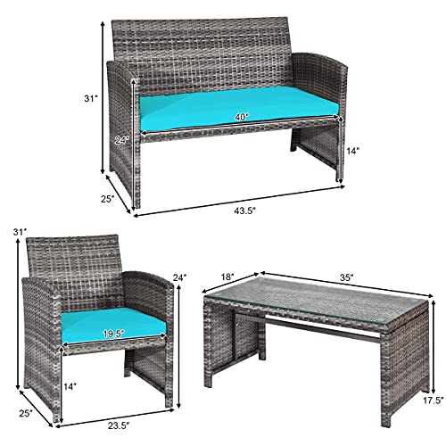 DORTALA 4 Piece Patio Furniture Set, Outdoor Wicker Conversation Set with Soft Cushions & Tempered Glass Coffee Table, Rattan Patio Sofa Bistro Sets for Courtyard Balcony, Turquoise