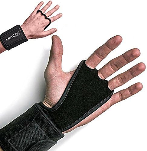 MetCon Warehouse Leather Hand Grips with wrist support for Cross Fitness WODs, Pull Ups, Kettlebell workouts, Barbell Training, Weightlifting and more (Black, Large)