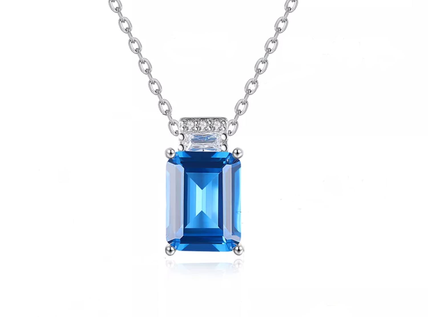 NYHI TRENDS 925 Sterling Silver Blue Topaz Pendant Necklace, Cubic Zirconia Diamond Pendant Necklace, Blue Topaz Gemstone Pendant Silver Necklace