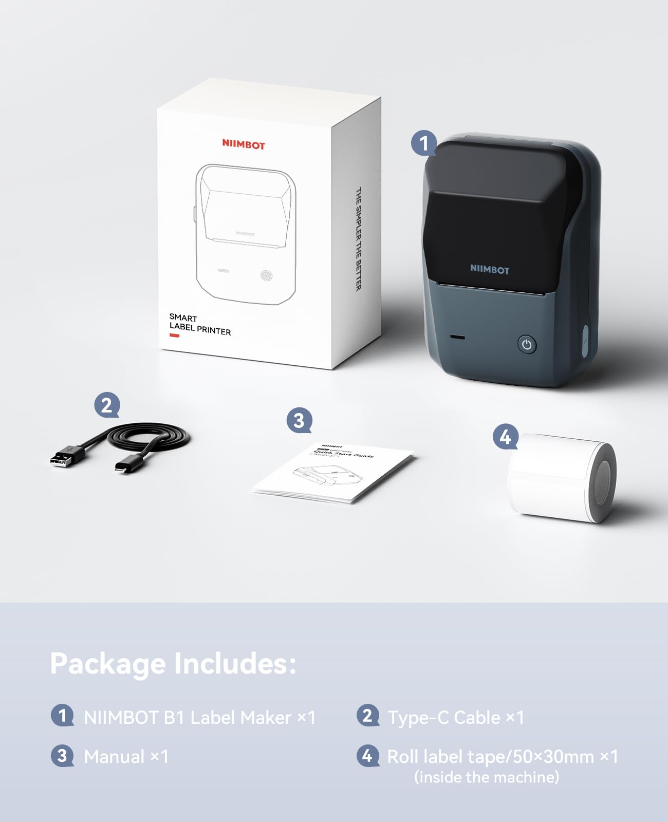 NIIMBOT B1 Label Maker Machine with Tape, 2 Inch Portable Label Printer, Bluetooth Thermal Label Printer with Multiple Templates for Small Business,Office,Home,School (Blue, 1 Printer+1 Roll Label)