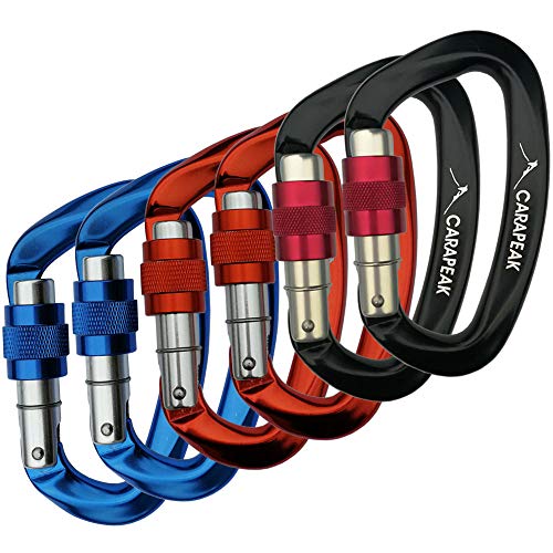 CARAPEAK 25kN Heavy Duty Screwgate Locking Rock Climbing Carabiner Set, 6 Pack Snag-Free D Shaped Screw Lock Carabiner, Strong Aluminum Lockable Clip Black Blue Orange - Thumbnail 5