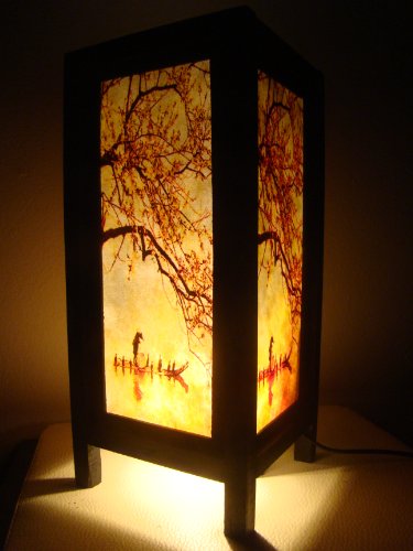 Thai Vintage Handmade Asian Oriental Handcraft China Fisherman Red Sakura Cherry Blossom Tree Branch Bedside Table Lights or Floor Wood Paper Lamp Home Decor Bedroom Decoration Modern Design from Thailand