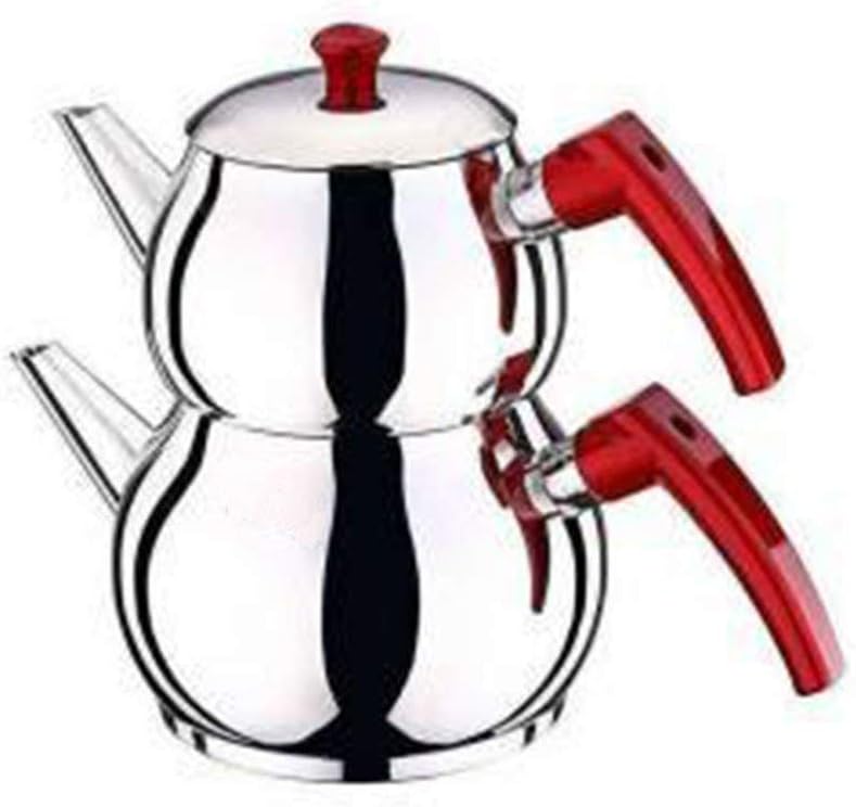 Stainless Steel Traditional Turkish Teapot Set, Made in Turkey (Large, Red)