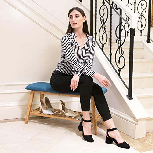 Shoe Rack Bench Entryway – Navy Blue Upholstered Padded Cushion Bamboo Storage Ottoman Seat Free Standing for Hallway Bedroom Living Room Mudroom by Domax