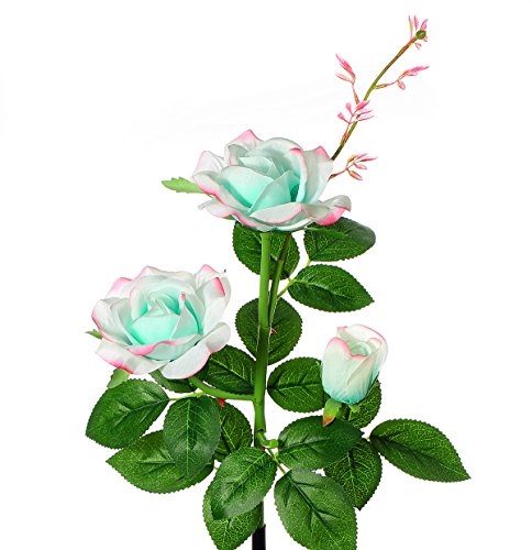 XLUX Outdoor Solar Powered Rose Lights Flower Stake, for Garden Patio Yard Christmas Pathway Decoration, Mint Green with red Edge