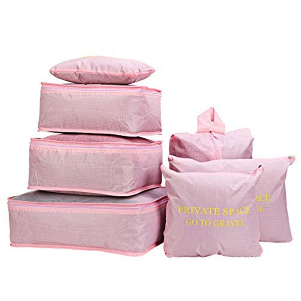 7PCS Luggage Organiser Set Compression Pouch Packing Cubes Travel Storage Bags Clothes Suitcase,Pink