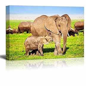 Canvas Prints Wall Art - Mother Elephant Feeding a Baby Elephant on African Savanna | Modern Wall Decor/Home Art Stretched Gallery Canvas Wraps Giclee Print & Ready to Hang - 12" x 18"