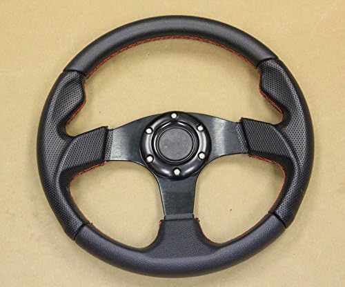 QC Tech RACING STEERING WHEEL BLACK/RED UNIVERSAL PVC LEATHER LIGHT ALUMINUM DISH 320MM