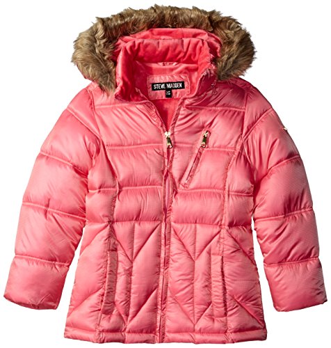 Steve Madden Little Girls' Bubble Jacket with Faux Fur Trimmed Hood, Coral Pink, 4