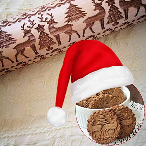 BOMEON Christmas Wooden Rolling Pins Engraved Embossing Rolling Pin with Christmas Symbols Deer for Baking Embossed Cookies Kitchen Tool (17"x 2")