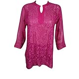 Mogul Interior Women's Indian Tunic Top Floral Embroidered Sheer Georgette Blouse S