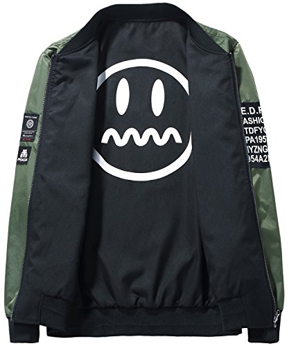 HENGAO Men's Casual Reversible Patches Varsity Bomber Jacket Coat Outwear, Military Green, XL/48R = Tag 5XL - Thumbnail 3
