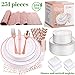 Disposable Plastic Tableware Set | Includes Plates, Cutlery, Table Runner, Napkins, Cups & Paper Straws for Dinner, Party, Bridal Shower, Birthday & Christmas | 251 Pieces Rose Gold Fancy Silverware